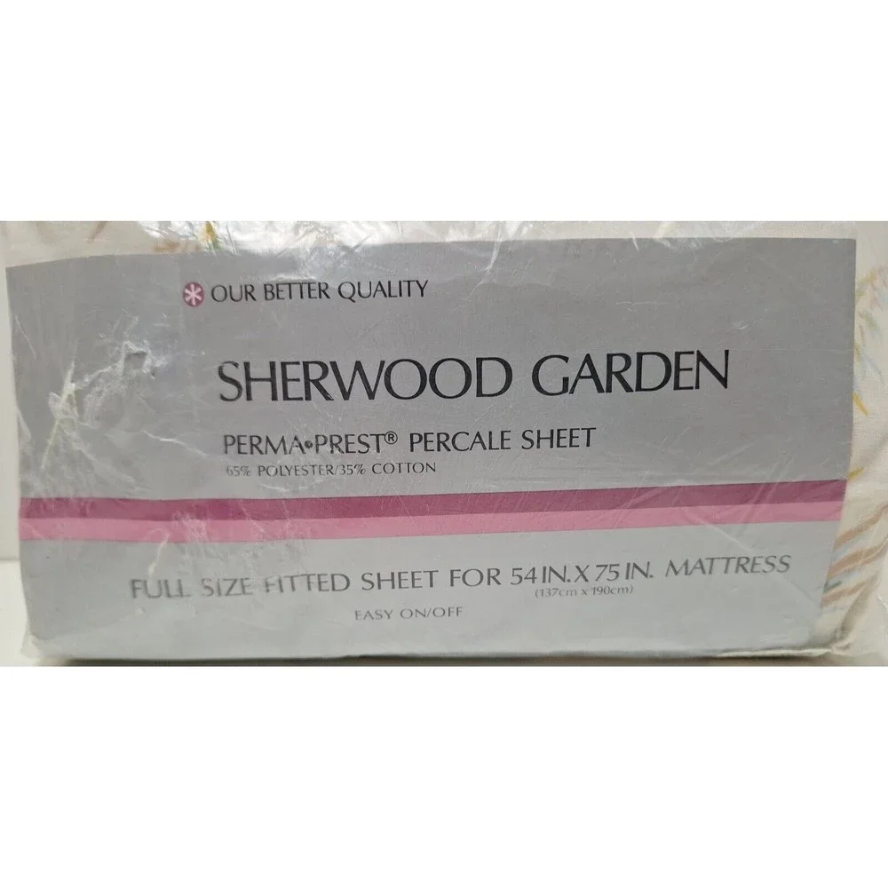 New Sears Sherwood Garden Full Size Fitted Sheet Percale Perma Prest Vtg. 1970s
